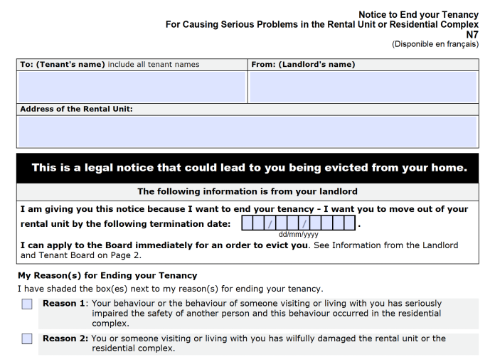 N7 FORM - NOTICE TO END YOUR TENANCY FOR CAUSING SERIOUS PROBLEMS IN THE RENTAL UNIT OR RESIDENTIAL COMPLEX FORM